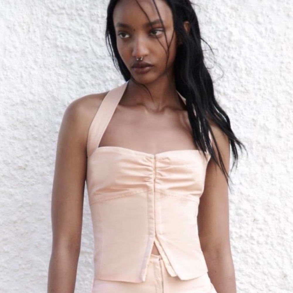 Zara Women XS Pink Halter Corset Top Coquette Balletcore Festival EUC